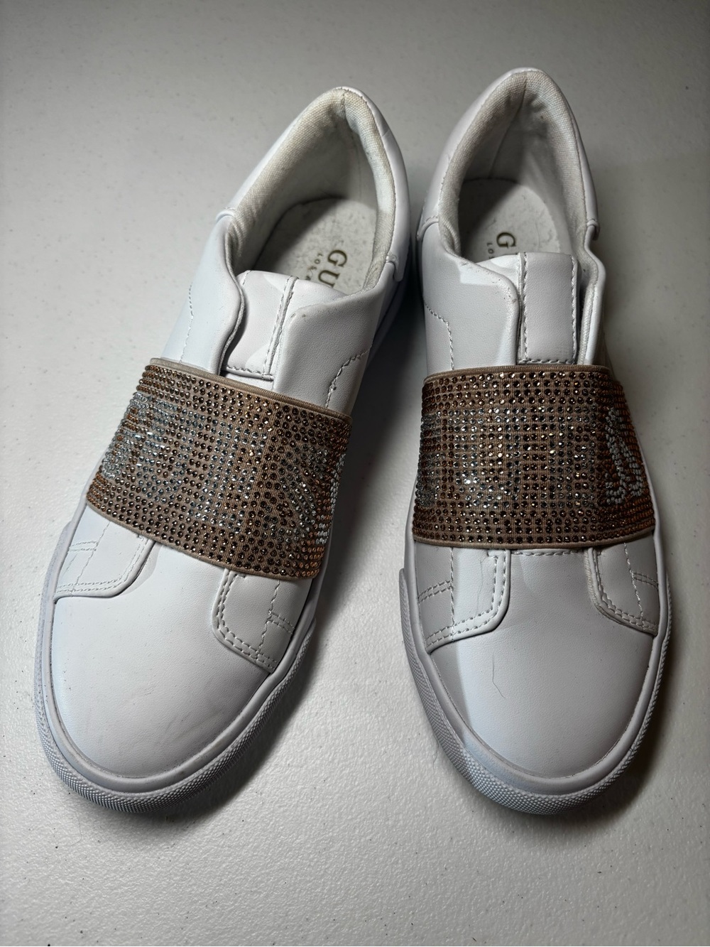 GUESS White Slip-On Sneakers with Embellished Strap